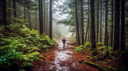athlete running in the rain on a wooded route. GENERATE AIの素材