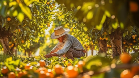 harvesting fruits from orange trees in a field. GENERATE AIの素材