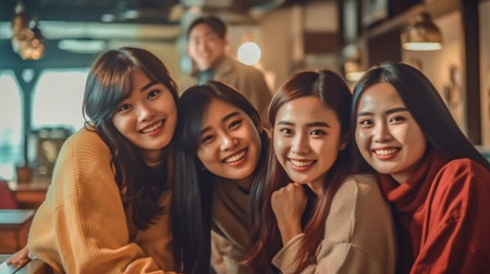 a multicultural gang of jovial pals from Asia. GENERATE AIの素材