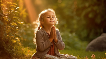 Little girl smiling and praying in the woods. GENERATE AIの素材