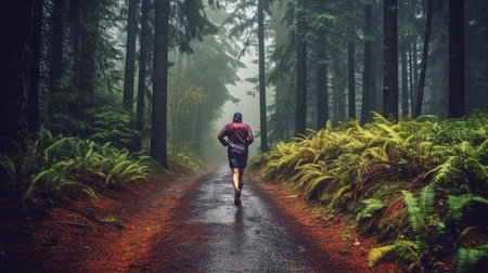 athlete running in the rain on a wooded route. GENERATE AIの素材