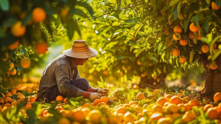 harvesting fruits from orange trees in a field. GENERATE AIの素材