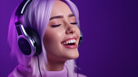 A teenage vocalist performs a song while wearing wireless headphones on a purple background. GENERATE AIの素材
