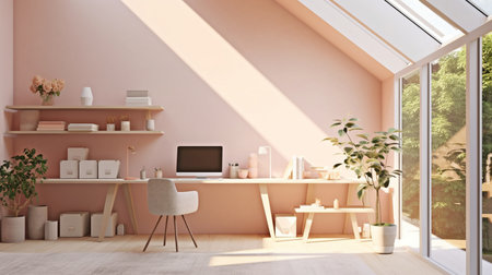 This modern workspace's blush pink and crisp white surfaces are lit by natural light. GENERATE AIの素材