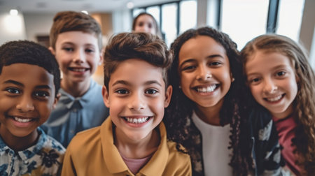 Children from a varied junior high school group smile for the camera while seated in class. Multiethnic cool youngsters boys and girls buddies grinning as they pose for a group selfie. GENERATE AIの素材