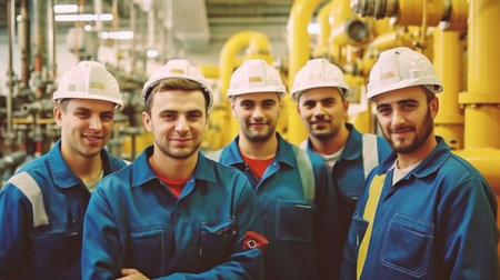 teamwork: industrial employees at a refinery using machines and equipment for processing oil. GENERATE AIの素材