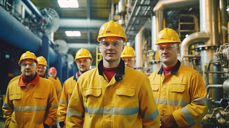 teamwork: industrial employees at a refinery using machines and equipment for processing oil. GENERATE AIの素材