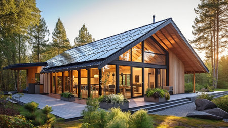 A stunning contemporary home with solar panels on the gable top. GENERATE AIの素材