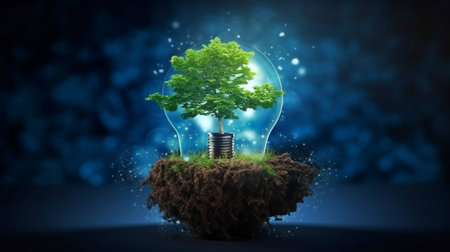 Tree with dirt growing on lightbulb. Technology and digital convergence. backdrop of the network and blue light. Concepts for green computing, green technology, green IT, csr, and IT ethics. GENERATE AIの素材