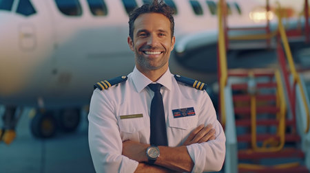 an assured pilot. An airplane is in the backdrop as a confident guy pilot stands in uniform with his arms crossed and a smile. GENERATE AIの素材