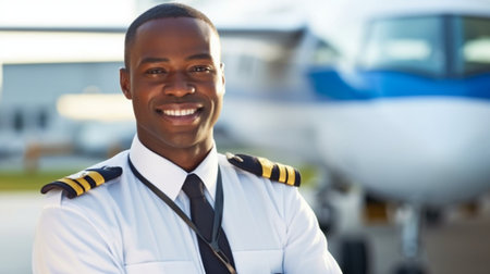 an assured pilot. An airplane is in the backdrop as a confident guy pilot stands in uniform with his arms crossed and a smile. GENERATE AIの素材