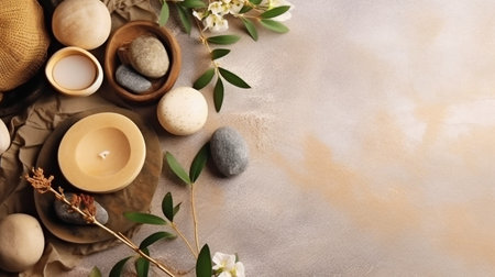 Stones, branches, and a wooden pad are used as decorations. Background for goods like jewelry, food, or cosmetics. Mockup. GENERATE AIの素材