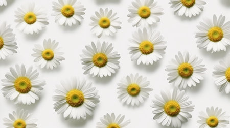 Bright pattern of chamomile daisy flower stems and buds on a white backdrop. Background with a lovely summer flower texture. GENERATE AIの素材