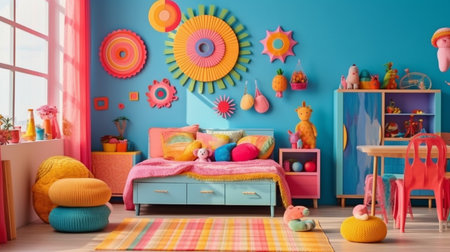 a bedroom in pink and blue with wooden furniture and a sun-shaped mural on the wall that seems like it was constructed out of beads and yarn. GENERATE AIの素材