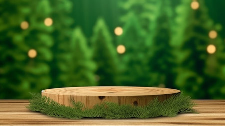 Eco-friendly, unfinished, natural timber stage blank for product display throughout the holiday or new year. GENERATE AIの素材