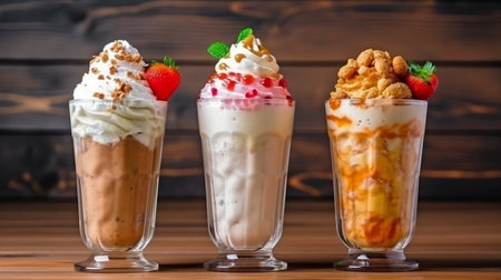 At a wooden board on a table background, three delectable milkshakes with almonds, caramel, strawberry, and whipped cream. GENERATE AIの素材