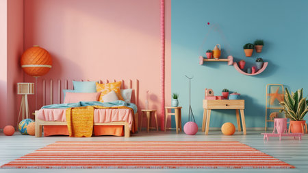 a bedroom in pink and blue with wooden furniture and a sun-shaped mural on the wall that seems like it was constructed out of beads and yarn. GENERATE AIの素材