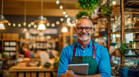 entrepreneur in the hospitality sector, man in restaurant, tablet, and small business with inventory check. Male franchise owner of a scroll and cafÃ© with digital administration and stock taking. GENERATE AIの素材