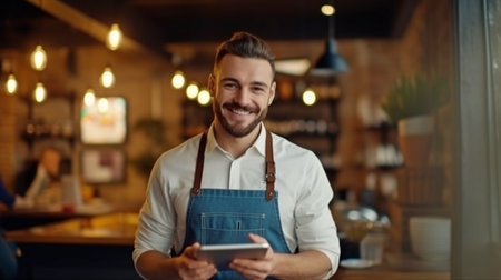 entrepreneur in the hospitality sector, man in restaurant, tablet, and small business with inventory check. Male franchise owner of a scroll and cafÃ© with digital administration and stock taking. GENERATE AIの素材