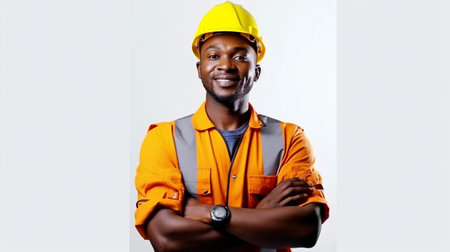 Portrait of an African-American black engineer leader worker with crossed arms and a smile on a white backdrop. GENERATE AIの素材
