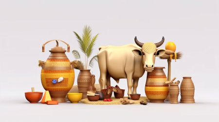 Pongal festival product display with pongal pot, sugar can, bull, speaker, diya and traditional design in white backdrop. GENERATE AIの素材