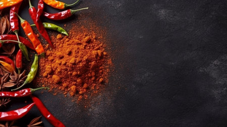 Chili peppers in powder and uncooked form in a flat lay composition on a black background. For text only. GENERATE AIの素材