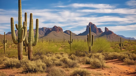 Tall saguaro cactus in the desert surround Four Peaks, a well-known feature of the Mazatzal Mountains on Phoenix, Arizona's eastern skyline. GENERATE AIの素材