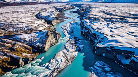 Shot from a helicopter, the stunning green glacier river in Iceland.  GENERATE AIの素材