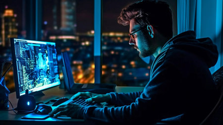 Programmer works remotely late at night. GENERATE AIの素材