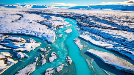 Shot from a helicopter, the stunning green glacier river in Iceland.  GENERATE AIの素材