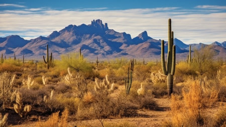 Tall saguaro cactus in the desert surround Four Peaks, a well-known feature of the Mazatzal Mountains on Phoenix, Arizona's eastern skyline. GENERATE AIの素材