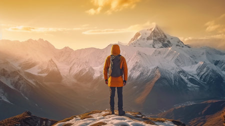 Standing up straight, with your back, Mountain top hiker in the Himalayas. Concept of a travel-sports lifestyle. GENERATE AIの素材
