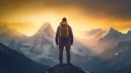 Standing up straight, with your back, Mountain top hiker in the Himalayas. Concept of a travel-sports lifestyle. GENERATE AIの素材