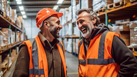 Photograph showing a side view of a group of warehouse employees conversing at work. GENERATE AIの素材