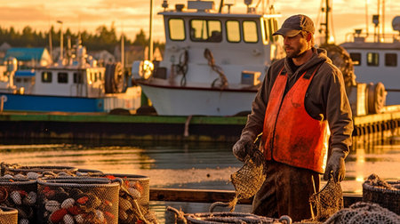 Photographs of a fisherman offloading his catch in Maine. Portland, Maine's port. GENERATE AIの素材