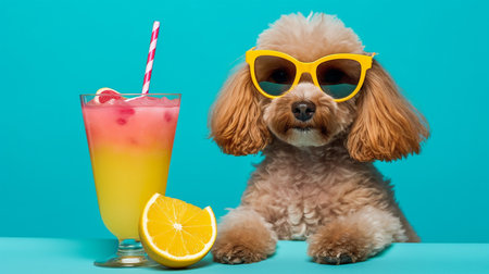 cocktail consumed by an adorable dog wearing sunglasses. GENERATE AIの素材