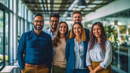 Photograph shows a smiling, diversified corporate team posing for the camera in their workplace. GENERATE AIの素材