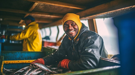 a picture of a joyful fisherman holding a fish box inside a fishing boat. GENERATE AIの素材