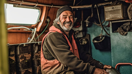 a picture of a joyful fisherman holding a fish box inside a fishing boat. GENERATE AIの素材