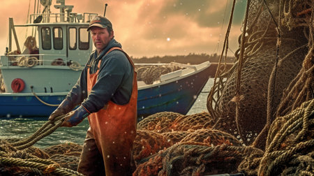 Photographs of a fisherman offloading his catch in Maine. Portland, Maine's port. GENERATE AIの素材