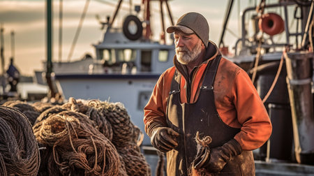 Photographs of a fisherman offloading his catch in Maine. Portland, Maine's port. GENERATE AIの素材