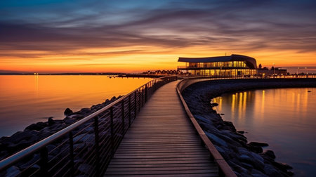 Long exposure of the Infinite Bridge and Aarhus Bay at dawn, Denmark, Aarhus. GENERATE AIの素材