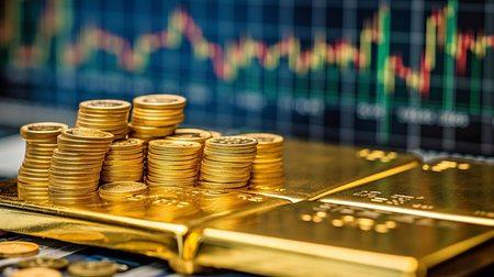 Background options include a stack of gold coins, a trading graph, and a financial investment notion. GENERATE AIの素材