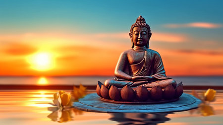 Buddha Water Lotus Statue Background: Buddha with the Sun. GENERATE AIの素材