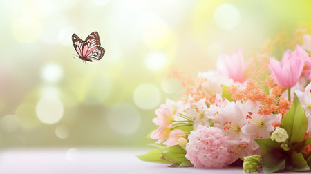 Background of Easter spring flowers with a live flower and a butterfly. GENERATE AIの素材