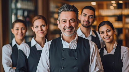 Portrait shows a group of hotel employees posing collectively in a hotel. GENERATE AIの素材