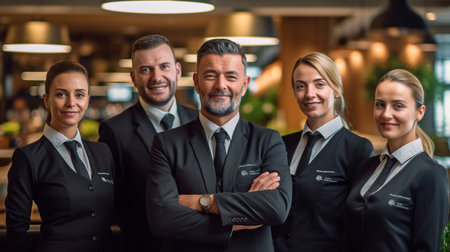 Portrait shows a group of hotel employees posing collectively in a hotel. GENERATE AIの素材