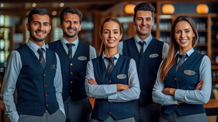 Portrait shows a group of hotel employees posing collectively in a hotel. GENERATE AIの素材