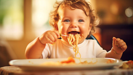 Cute infant enjoying his big meal. GENERATE AIの素材