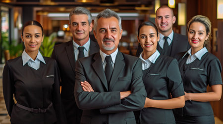 Portrait shows a group of hotel employees posing collectively in a hotel. GENERATE AIの素材